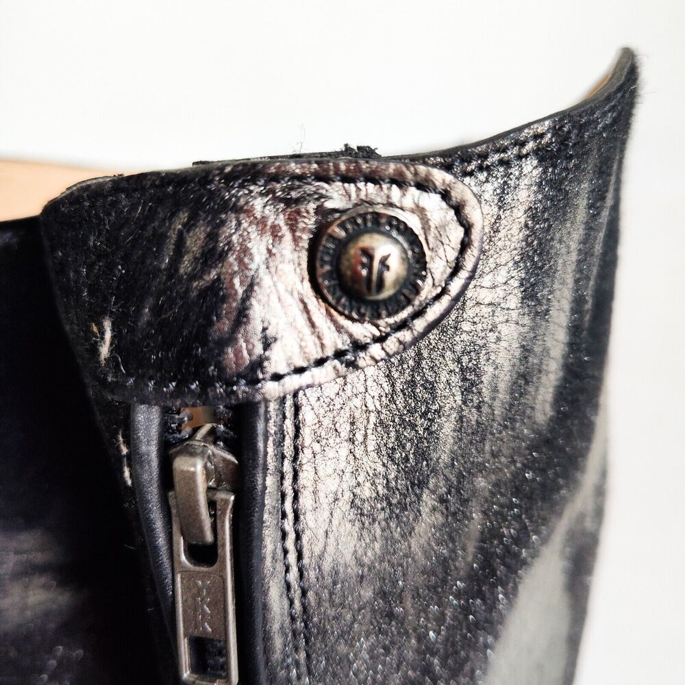 Frye Black‎ Pewter Metallic Leather Calf Hair Size 6 Knee High Tall Riding Boots - Picture 4 of 13
